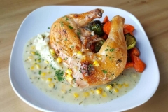 Garlic-Roasted-Half-Chicken-herb-mashed-potatoes-sweet-corn-and-sage-gravy