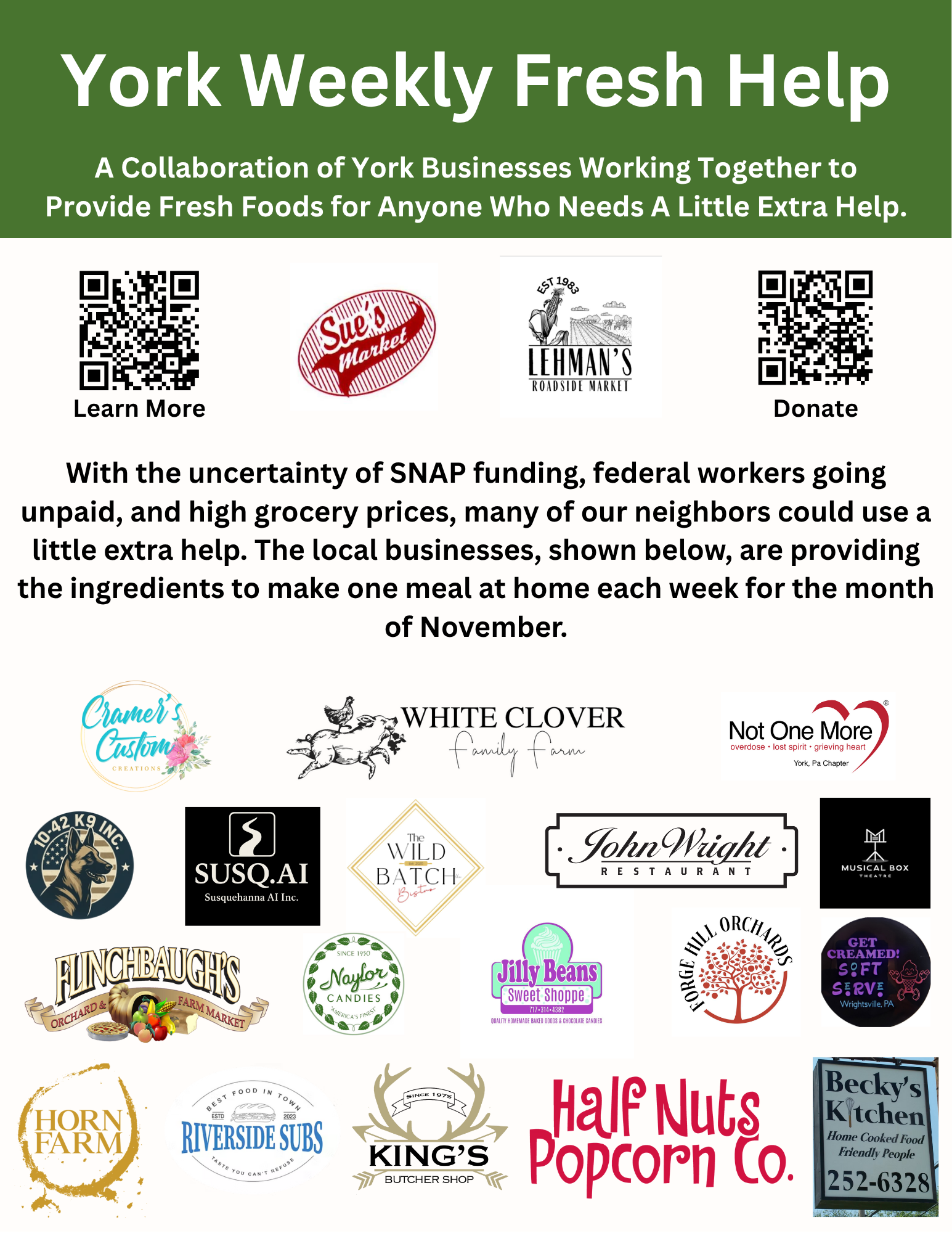 Thank you to the local businesses for donating food, resources, and your time to provide for our community! If you are a local business and would like to help provide (3)